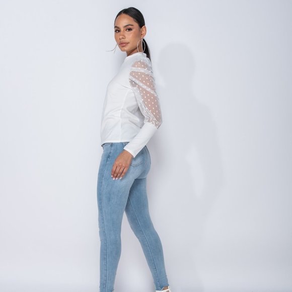 Cassie Blush Pink Polka Dot Mesh Sleeve Blouse Top - Picture 9 of 11